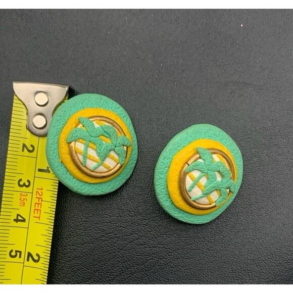 Vintage Teal Green & Yellow Palm Trees & Sunshine Clip On Earrings Unique - Picture 3 of 4
